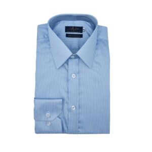 Camisa Fio Egípcio Francesa Azul Listra Branca Tecido Premium