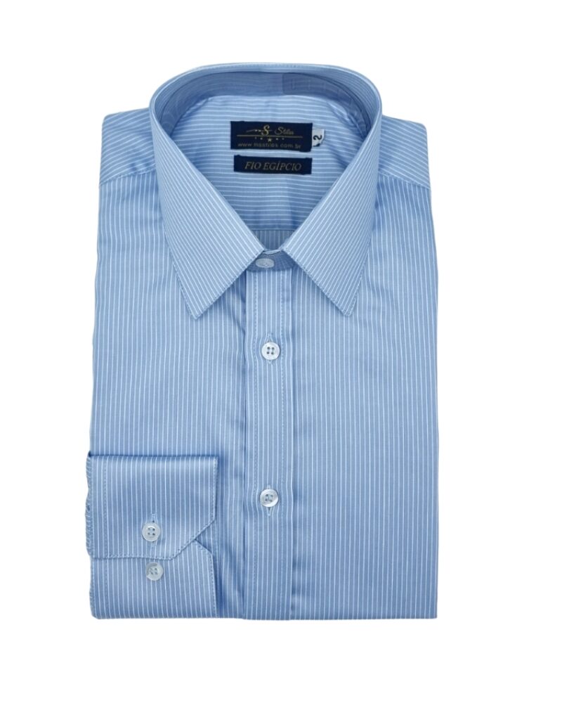 Camisa Fio Egípcio Francesa Azul Listra Branca Tecido Premium