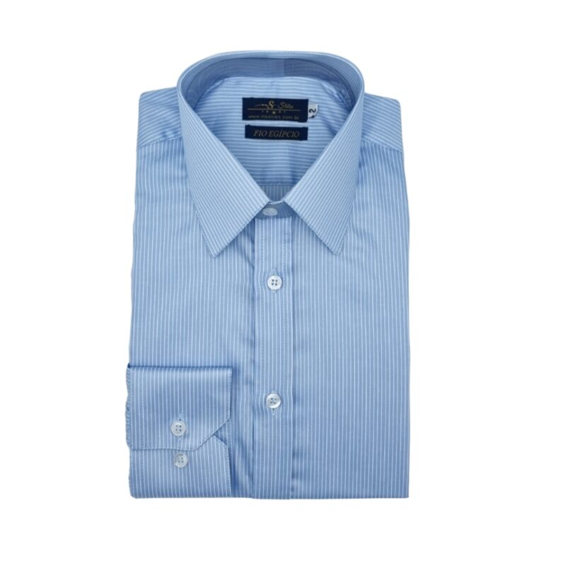 Camisa Fio Egípcio Francesa Azul Listra Branca Tecido Premium