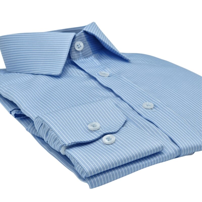 Camisa Fio Egípcio Francesa Azul Listra Branca Tecido Premium