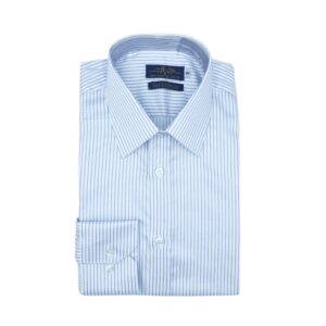 Camisa Fio Egípcio Francesa Branca Listra Azul Tecido Premium