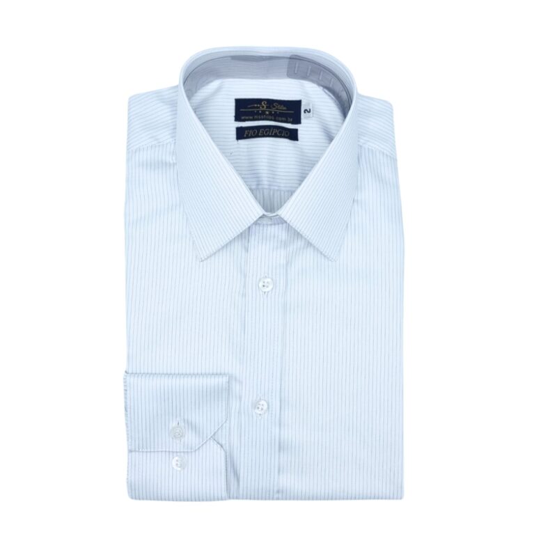 Camisa Fio Egípcio Francesa Branca Listra Azul discreto Tecido Premium