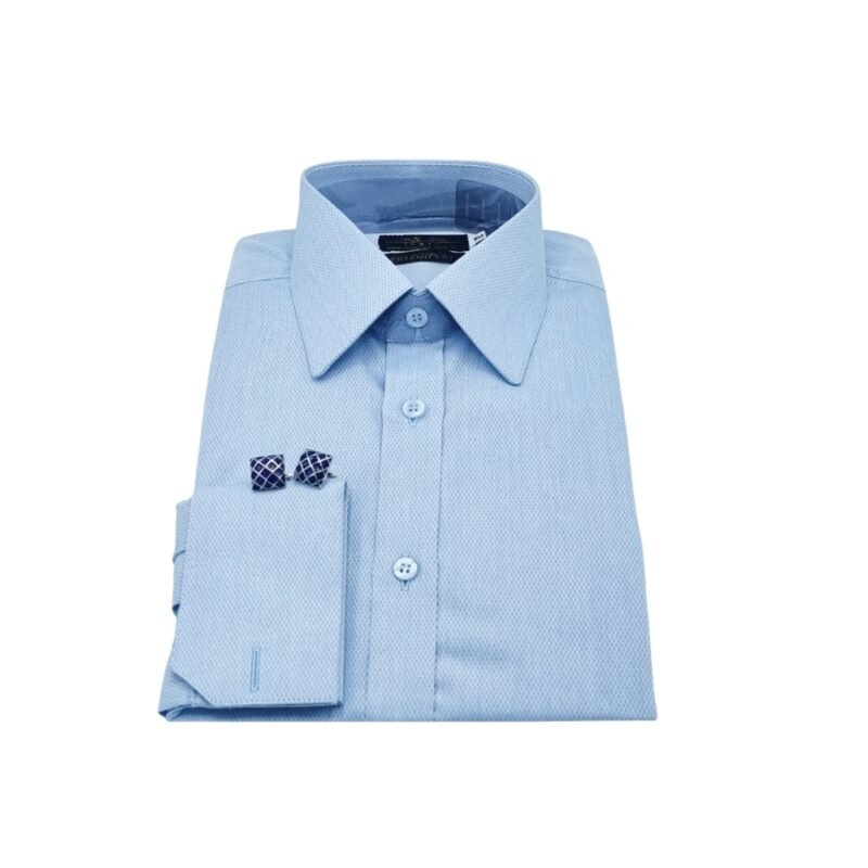 Camisa francesa azul maquinetado fio egípcio com punho duplo clássico