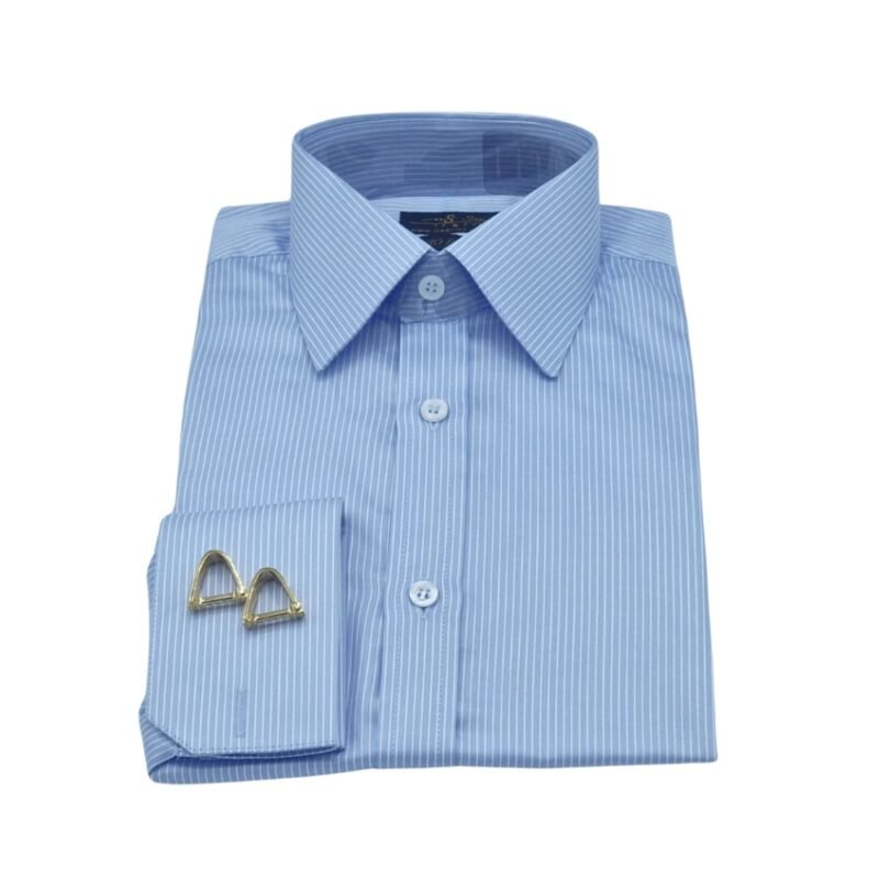 Camisa francesa masculina azul listrada branca com punho duplo