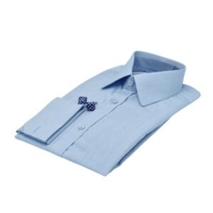 Camisa social azul maquinetado fio egípcio vista lateral elegante