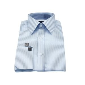 Camisa francesa masculina branca listrada azul com punho duplo