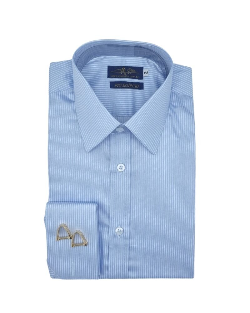 Camisa Francesa Fio Egípcio Azul Listra Branca Tecido Premium