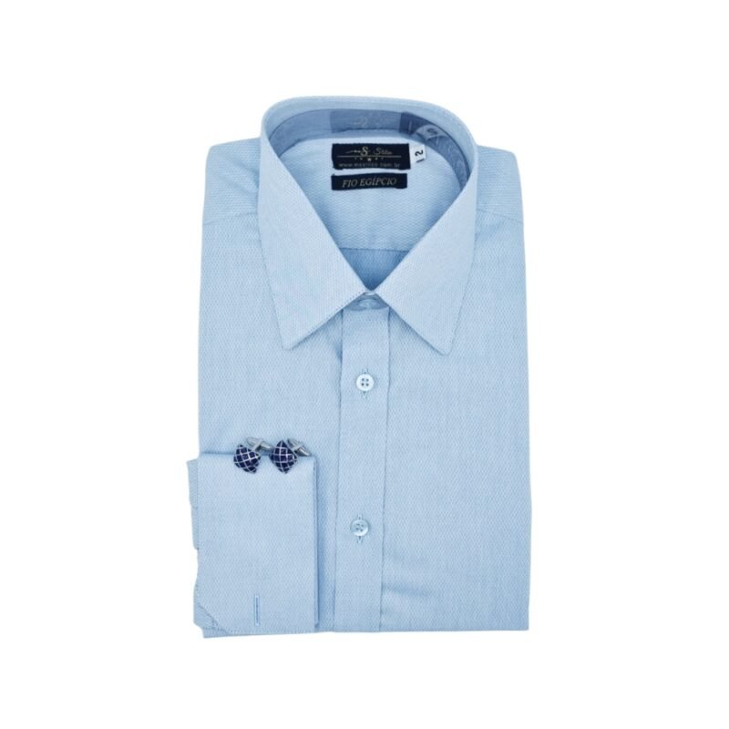 Camisa francesa fio egípcio azul maquinetado com punho duplo elegante