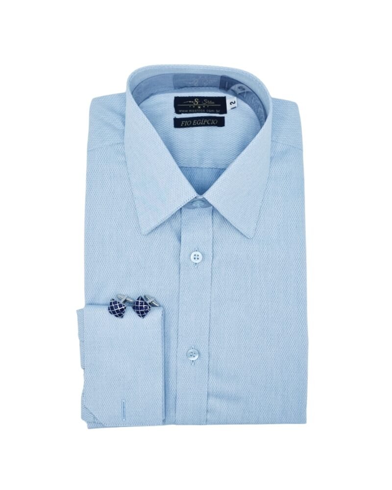 Camisa social masculina azul maquinetado fio egípcio com punho francês sofisticado