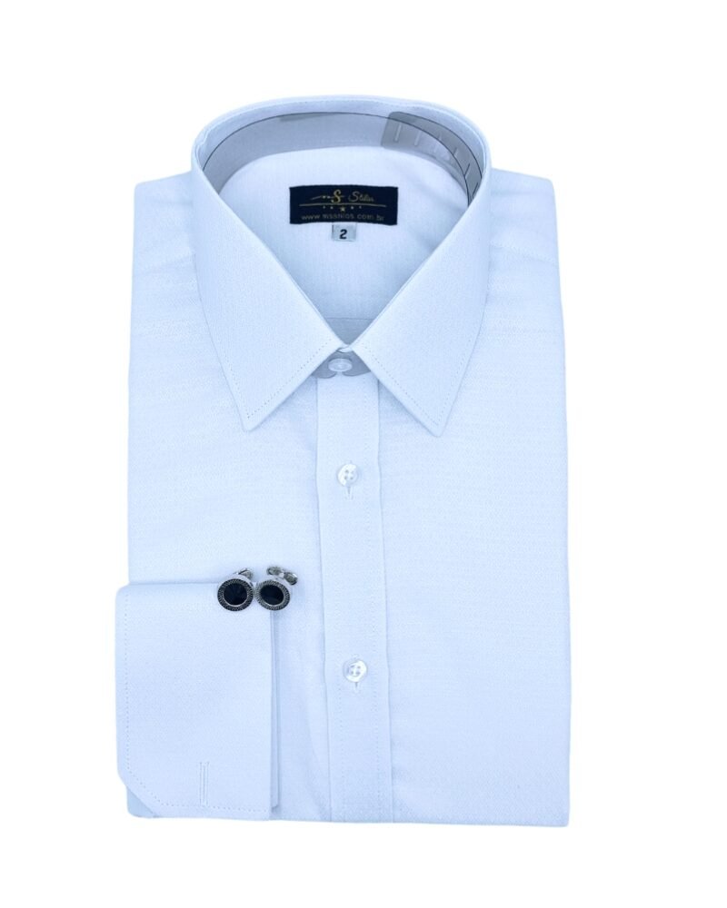 Camisa branca masculina em tecido gravataria francesa com punho duplo