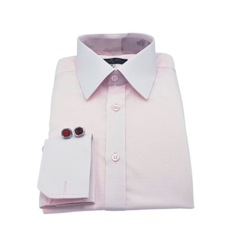 Camisa rosa claro masculina com punho duplo em tecido gravataria francesa
