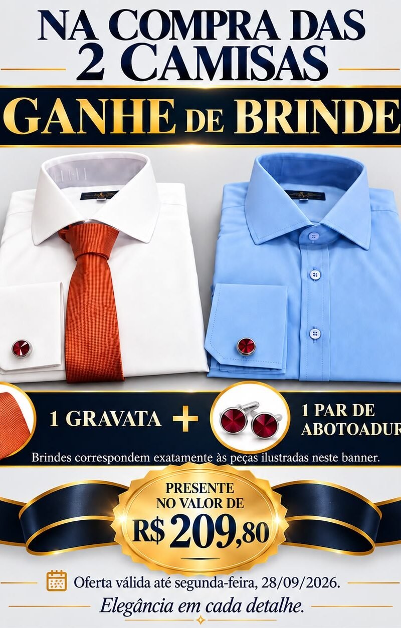 KIT 2 CAMISAS SOCIAIS BRANCA + AZUL | GANHE GRAVATA + ABOTOADURAS.