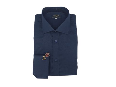 Camisa social azul marinho premium italiana com punho duplo e abotoadura – MS Stilos.
