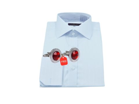 Camisa social azul clara premium MS Stilos com abotoadura vermelha sofisticada