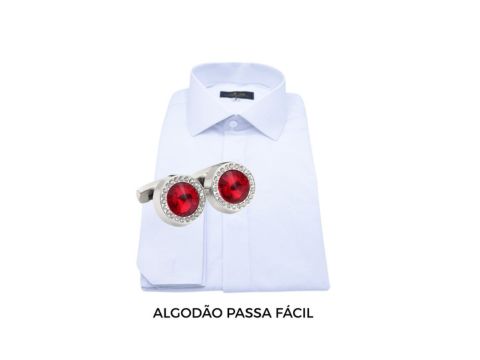 Camisa social branca premium com punho duplo e abotoadura vermelha – MS Stilos.