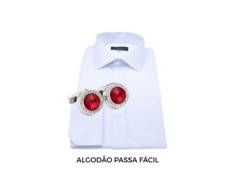 Camisa social branca algodão passa fácil premium MS Stilos com abotoadura vermelha