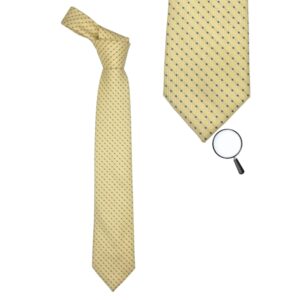 Gravata Michael Kors amarela com poá azul e detalhe ampliado do tecido