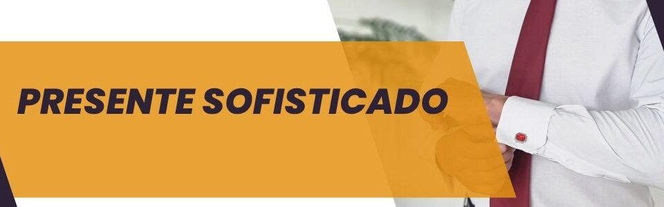 Camisa branca com punho duplo e abotoadura vermelha em destaque, com texto “Presente Sofisticado