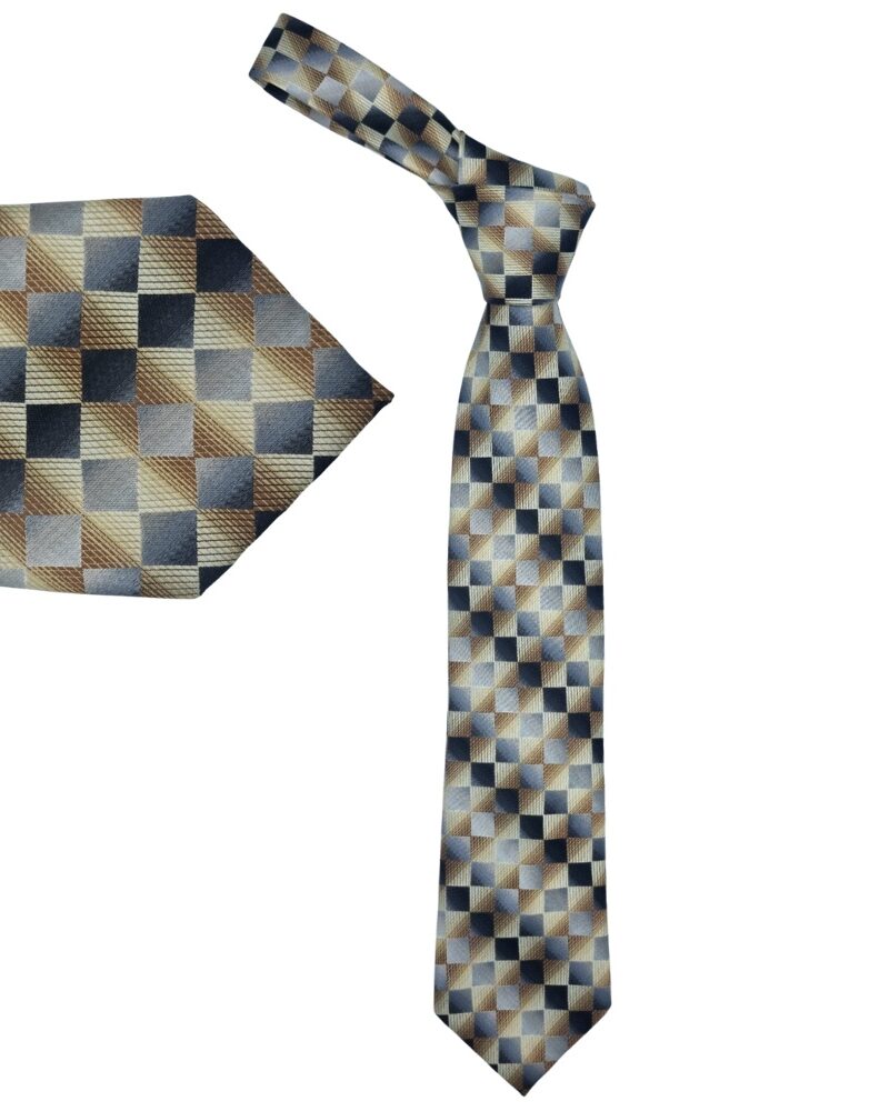 Gravata amarela e cinza da marca Alexandre Julian com visual social tradicional