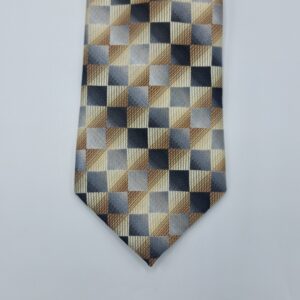 Ponta frontal da gravata amarela e cinza com acabamento elegante e tradicional