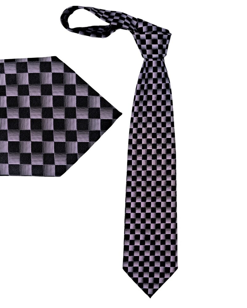 Gravata masculina preta e lilás em seda com estampa geométrica tradicional