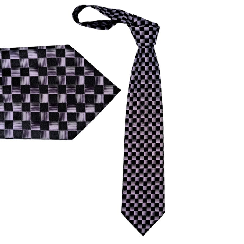 Gravata de seda masculina Valeriano Collection com padrão geométrico preto e lilás