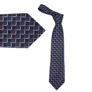 Vista frontal da gravata vinho e azul em seda com estampa geométrica elegante