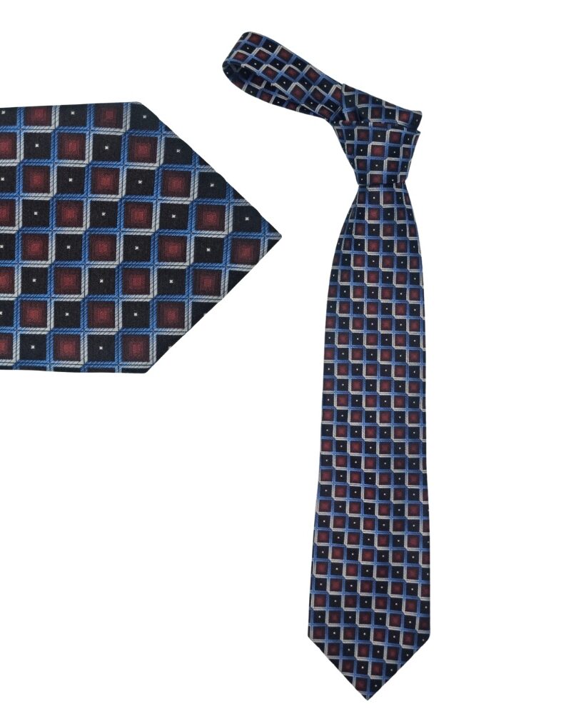 Gravata vinho e azul em seda com nó ajustado e estampa geométrica clássica