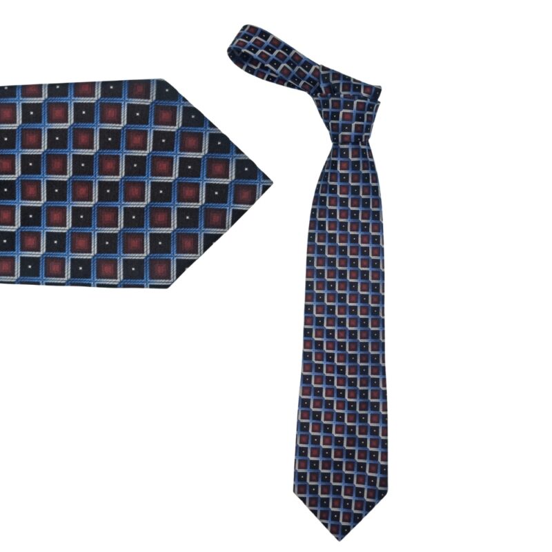 Gravata vinho e azul em seda com nó ajustado e estampa geométrica clássica