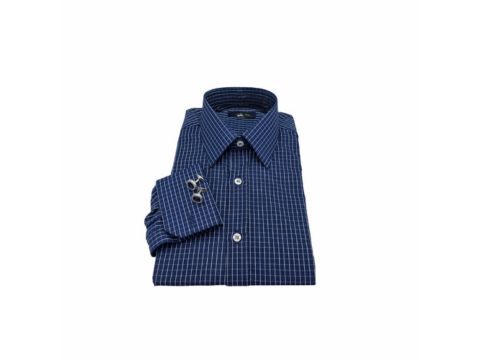 Camisa social punho duplo azul marinho com padronagem xadrez da MS Stilos