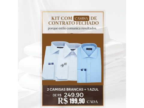Kit promocional de camisas sociais para advogados, com duas peças brancas e uma azul, anunciado por R$199,90 cada. Ideal para uso em ambientes jurídicos formais.