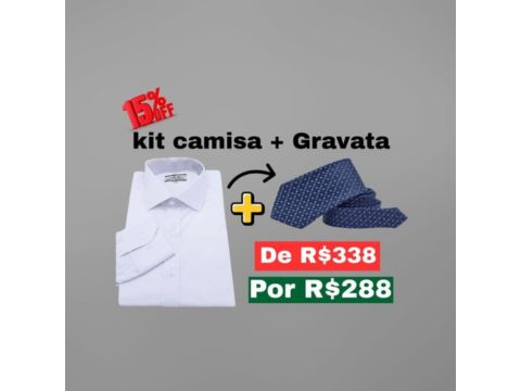 Promoção de kit camisa social branca com gravata azul. Desconto de 15%, com preço reduzido de R$338 para R$288, indicado para advogados.