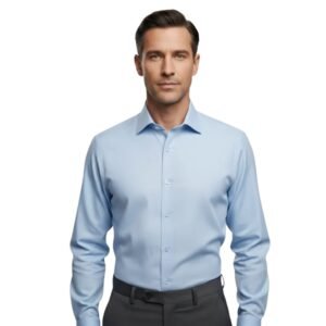 Homem veste camisa azul lisa sulfite com colarinho italiano rígido e modelagem semi slim em look executivo elegante.