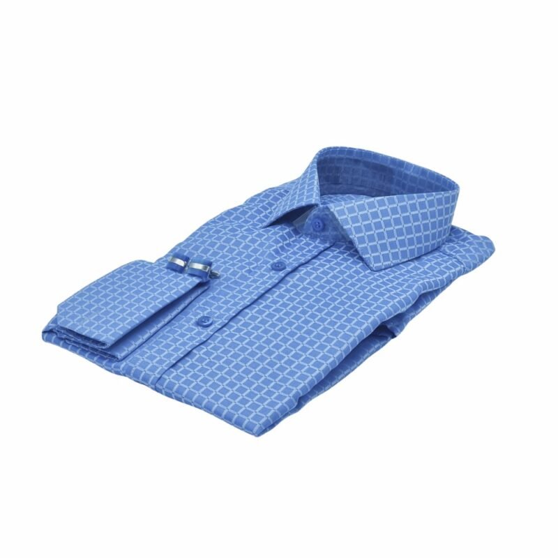 Camisa azul masculina com punho duplo e estampa geométrica dobrada