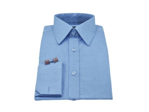 Camisa azul lisa modelo francês com punho duplo, feita em algodão nobre para homens que valorizam elegância e tradição.