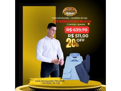 Combo Black Friday com duas camisas sociais e uma gravata, gola estruturada italiana. Preço promocional de R$ 511,00 com 20% de desconto.