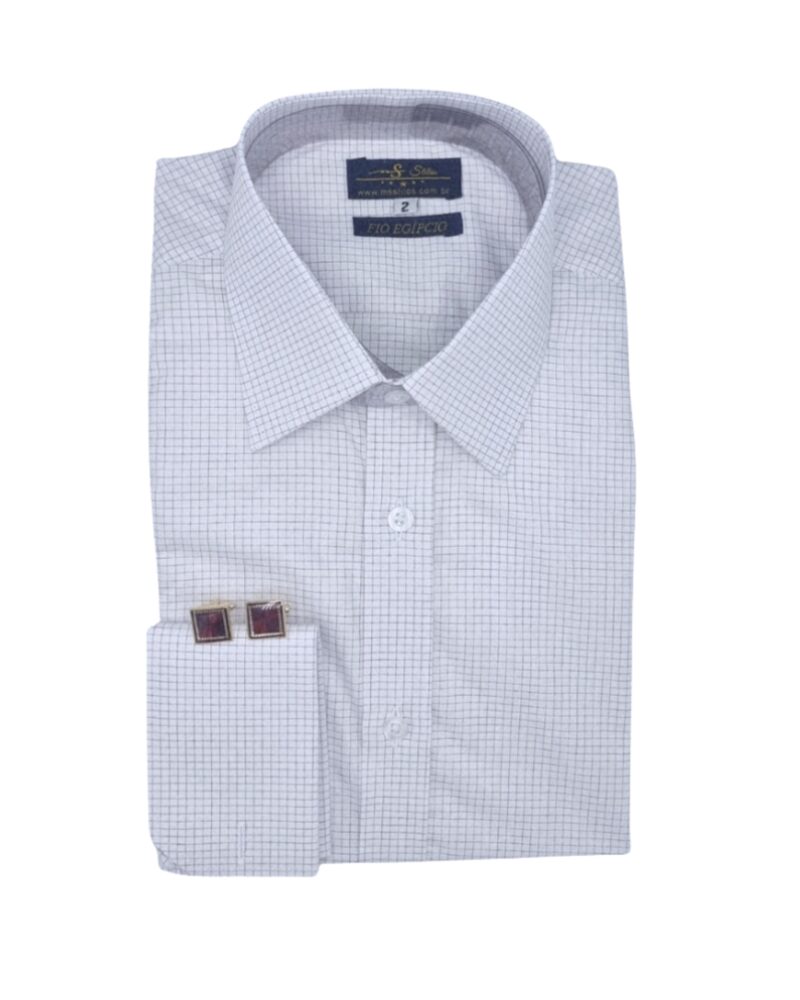 Camisa Fio Egípcio Francesa Branca e Bordo quadriculado Discreto Tecido Premium