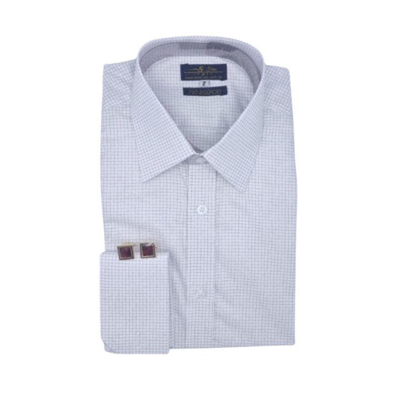Camisa Fio Egípcio Francesa Branca e Bordo quadriculado Discreto Tecido Premium