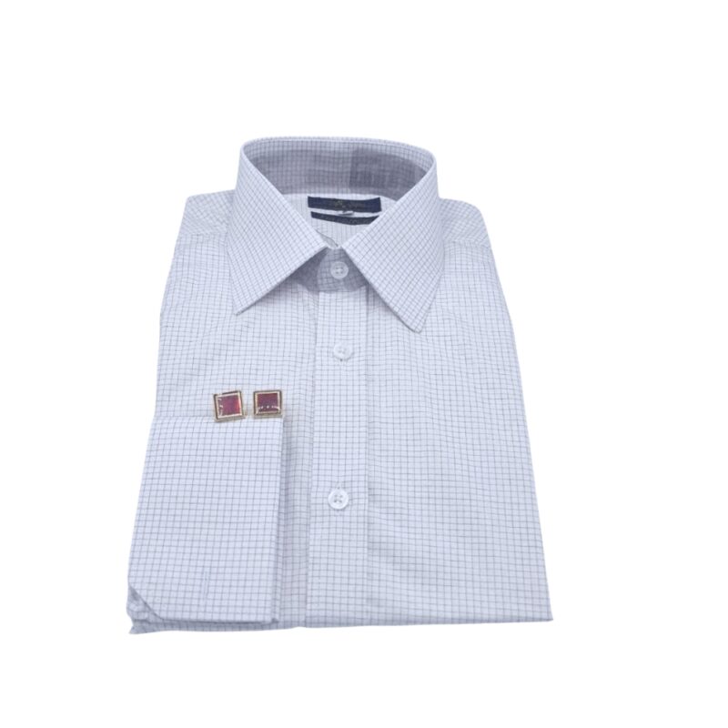 Camisa Fio Egípcio Francesa Branca e Bordo quadriculado Discreto Tecido Premium