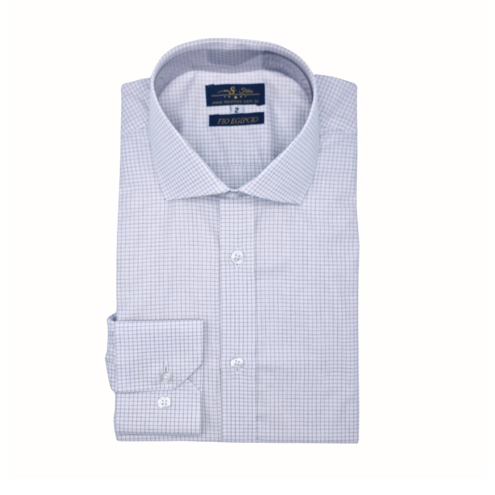 Camisa Italiana Fio Egípcio Branca e Bordo quadriculado Discreto Tecido Premium
