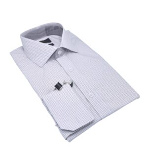 Camisa italiana fio egípcio branca e bordô quadriculada em ângulo, botões claros.