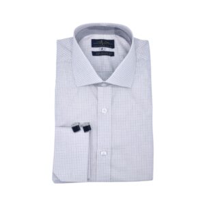 Vista frontal central da camisa quadriculada branca e bordô, fio egípcio premium.