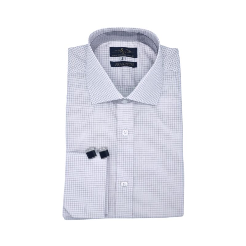 Vista frontal central da camisa quadriculada branca e bordô, fio egípcio premium.