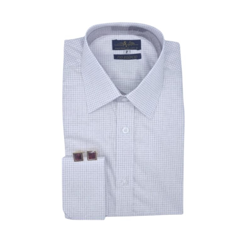 Camisa fio egípcio masculina quadriculada branca e bordô dobrada frontal