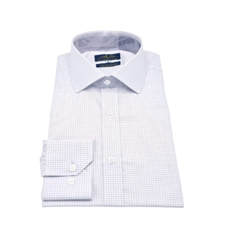 Camisa italiana branca e bordô quadriculada em algodão egípcio, dobrada e posicionada ao centro, com gola italiana estruturada e visual clássico para escritório moderno.