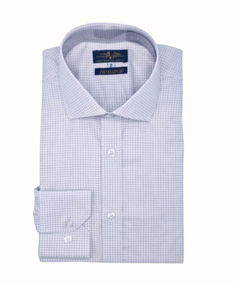 Camisa italiana branca e bordô quadriculada em algodão egípcio, dobrada e vista de frente, destacando colarinho e punho com acabamento refinado.