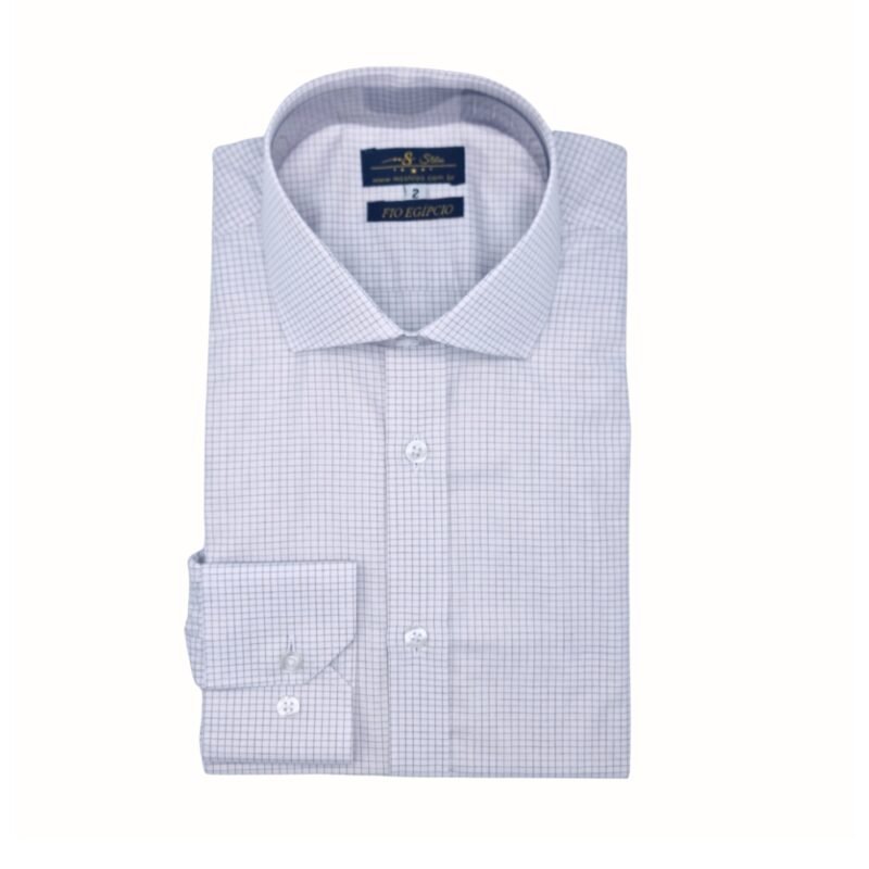 Camisa italiana branca e bordô quadriculada em algodão egípcio, dobrada e vista de frente, destacando colarinho e punho com acabamento refinado.