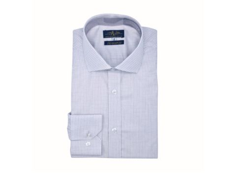 Camisa social branca com estampa quadriculada em bordô discreto, tecido premium de fio egípcio, estilo italiano