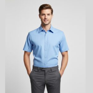 Modelo vestindo camisa manga curta azul lisa, caimento semi slim confortável.