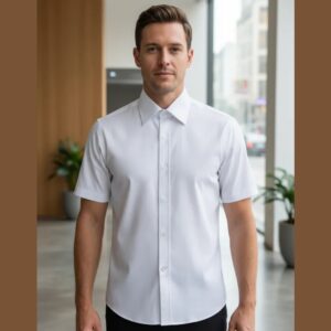 Modelo usando camisa social branca lisa de manga curta, caimento semi slim.